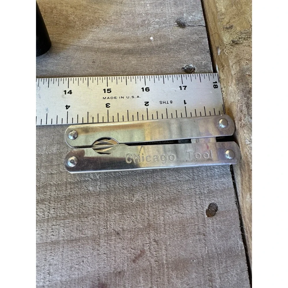 Vintage Chicago Tool‎ Chrome Multitool. With Case Pliers, Knife & Accessories